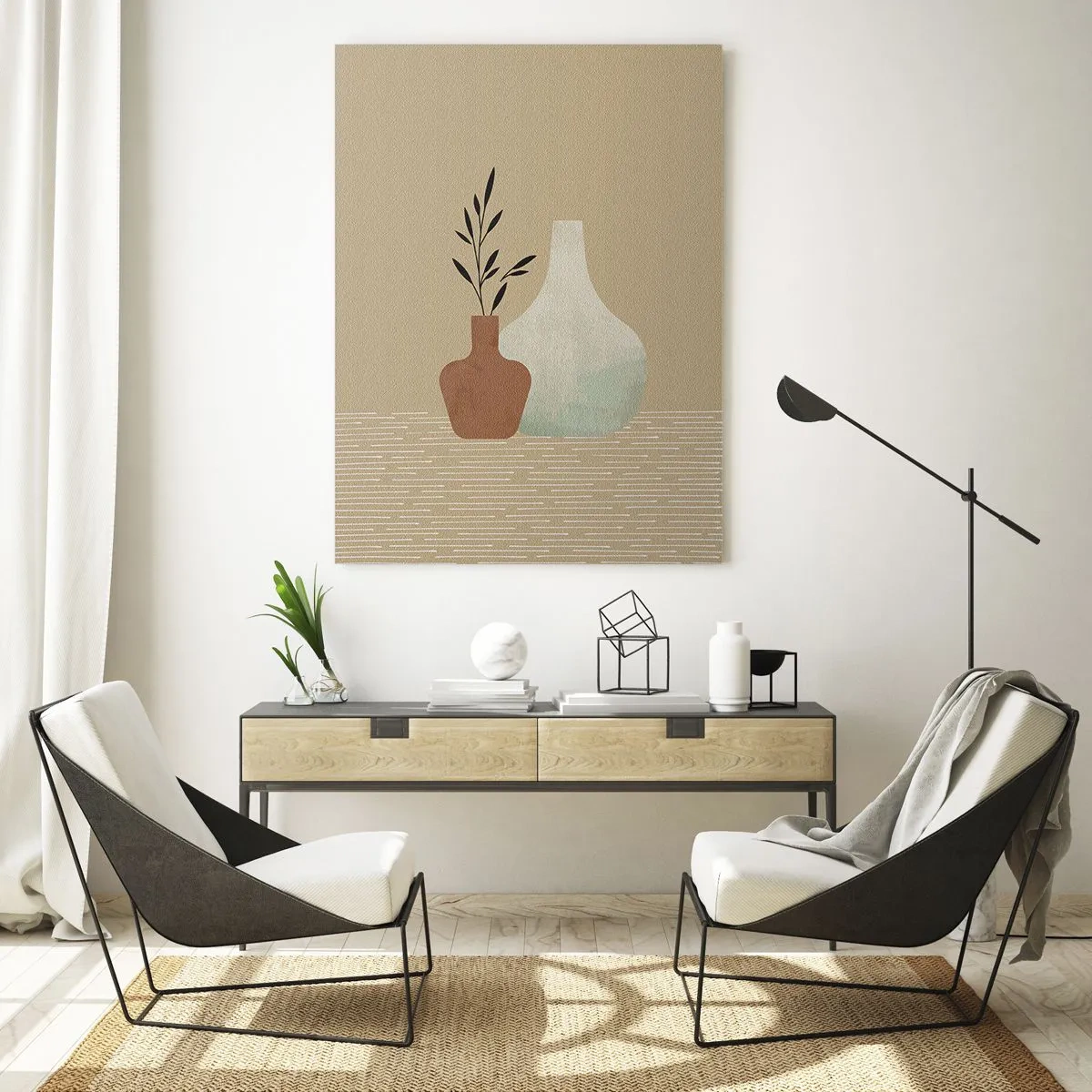 Obraz na szkle - Minimalistyczna kompozycja dwóch wazonów na beżowym tle - 70x100cm - Wazon i jego idea - Nowoczesna dekoracja ścienna do salonu i sypialni ARTTOR