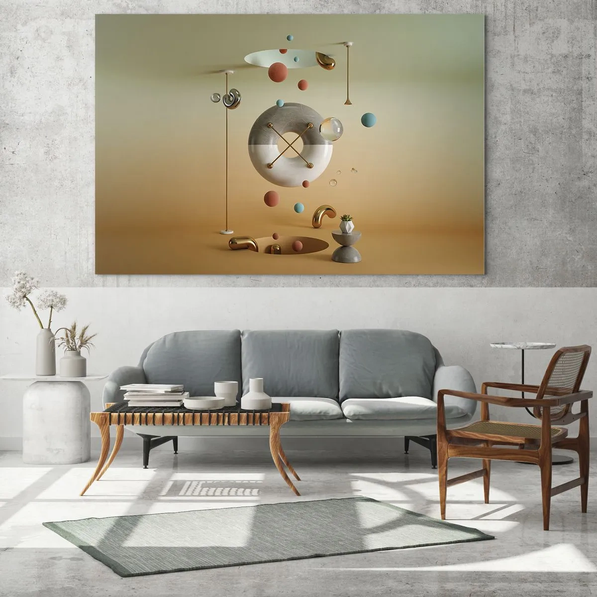 Obraz na szkle - Geometryczne figury w pastelowych barwach w abstrakcyjnej przestrzeni - 70x50cm - Wszystko się zdarzyć może - Nowoczesna dekoracja ścienna do salonu i sypialni ARTTOR