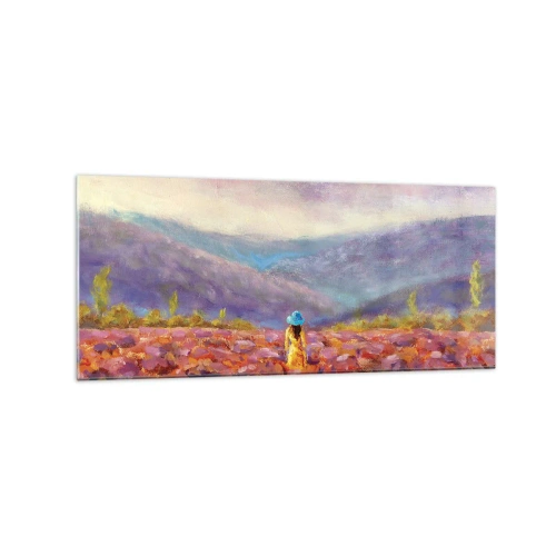 Obraz na szkle - Kobieta w kapeluszu spacerująca po polu lawendy - 120x50cm - W lawendowym świecie - Nowoczesna dekoracja ścienna do salonu i sypialni ARTTOR