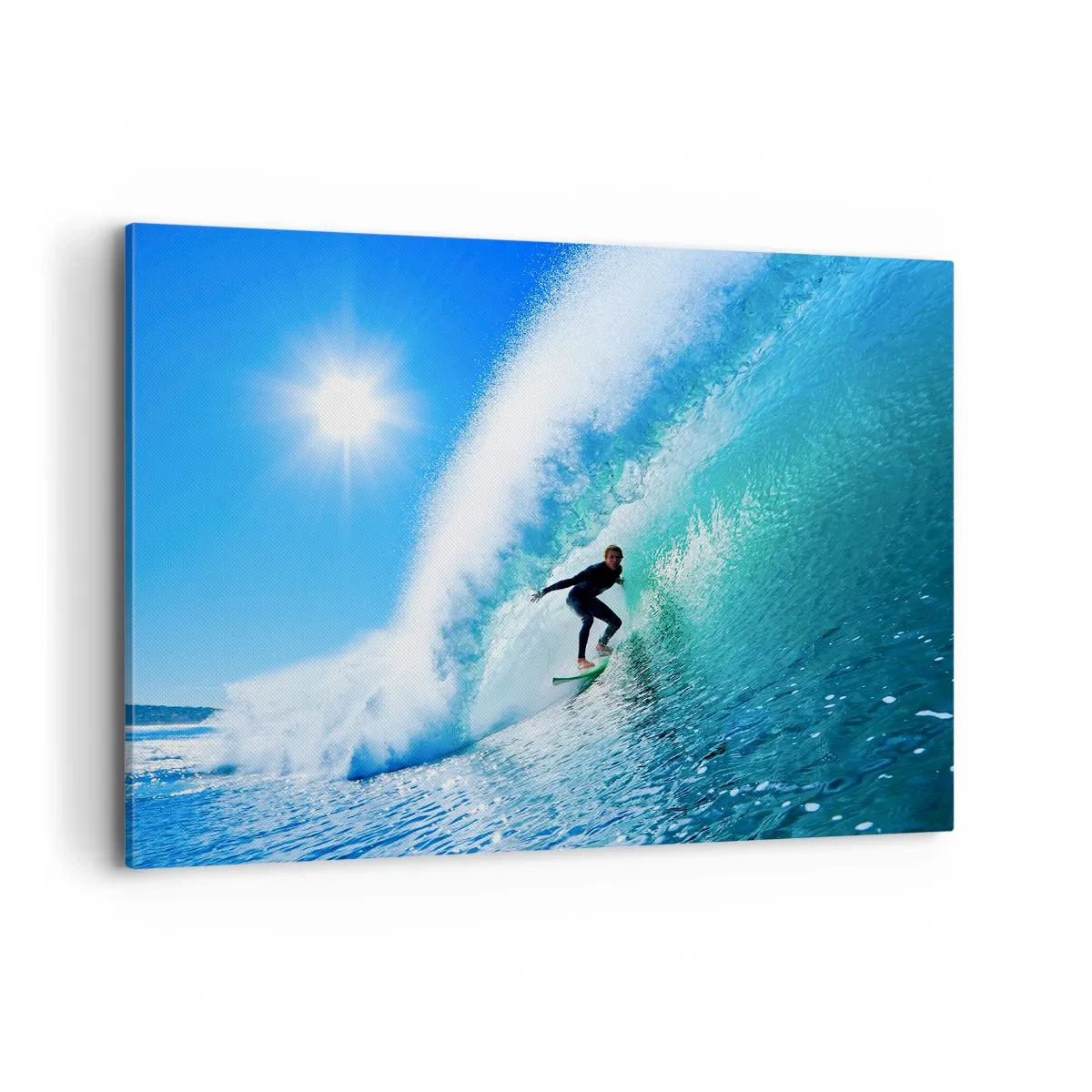 Obraz na płótnie - Surfer na desce pływający wewnątrz potężnej fali pod błękitnym niebem - 100x70cm - Przez wielki błękit - Nowoczesna dekoracja ścienna do salonu, kuchni i sypialni ARTTOR