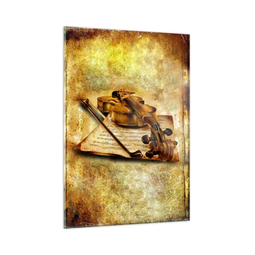 Obraz na szkle - Skrzypce z nutami na tle w stylu vintage - 50x70cm - Wirtuoz potrzebny od zaraz - Nowoczesna dekoracja ścienna do salonu, kuchni i sypialni ARTTOR