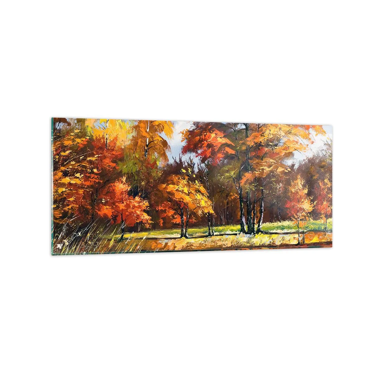 Obraz na szkle - Jesienny pejzaż z kolorowymi drzewami i stawem - 120x50cm - Pejzaż w złocie i brązie - Nowoczesna dekoracja ścienna do salonu i sypialni ARTTOR