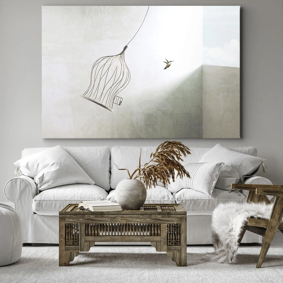 Obraz na płótnie - Ptaszek uwolniony z klatki na tle jasnego nieba - 70x50cm - W swoim żywiole - Nowoczesna dekoracja ścienna do salonu i sypialni ARTTOR