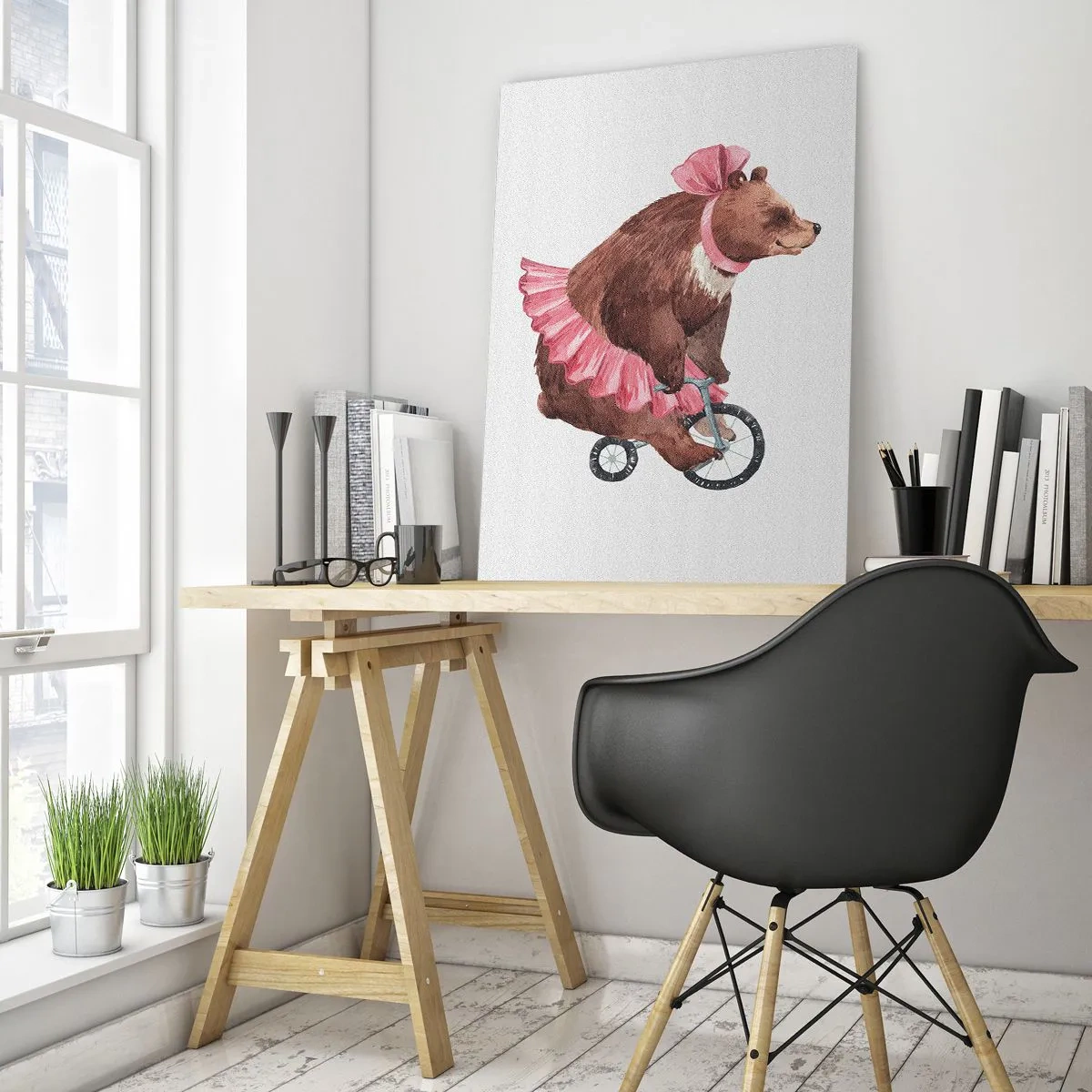 Obraz na szkle - Niedźwiedź w różowej spódniczce na monocyklu - 50x70cm - Ale cyrk! - Nowoczesna dekoracja ścienna do salonu, kuchni i sypialni ARTTOR