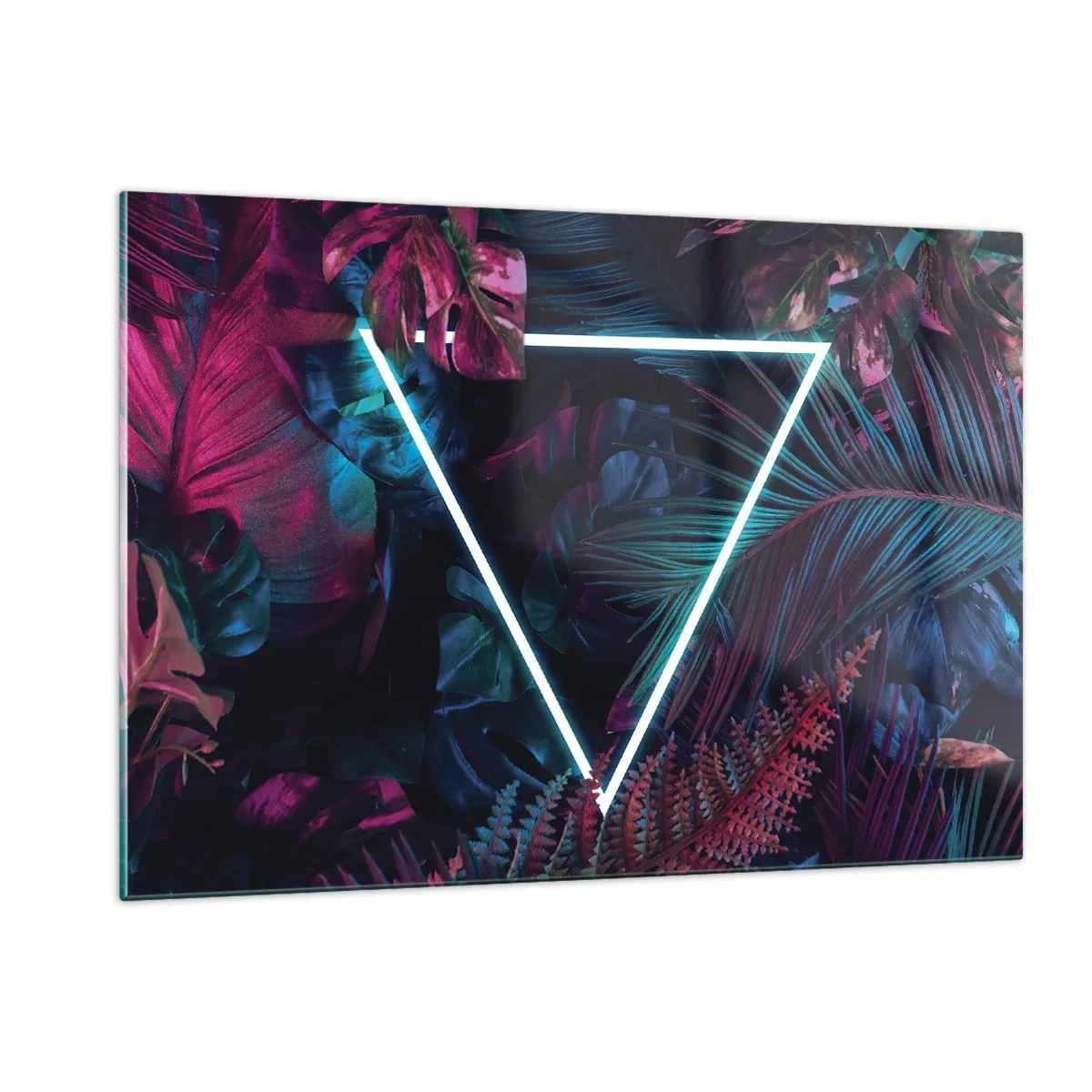 Obraz na szkle - Neonowy trójkąt w otoczeniu tropikalnych roślin w odcieniach różu i niebieskiego - 120x80cm - Ogród w stylu disco - Nowoczesna dekoracja ścienna do salonu, kuchni i sypialni ARTTOR