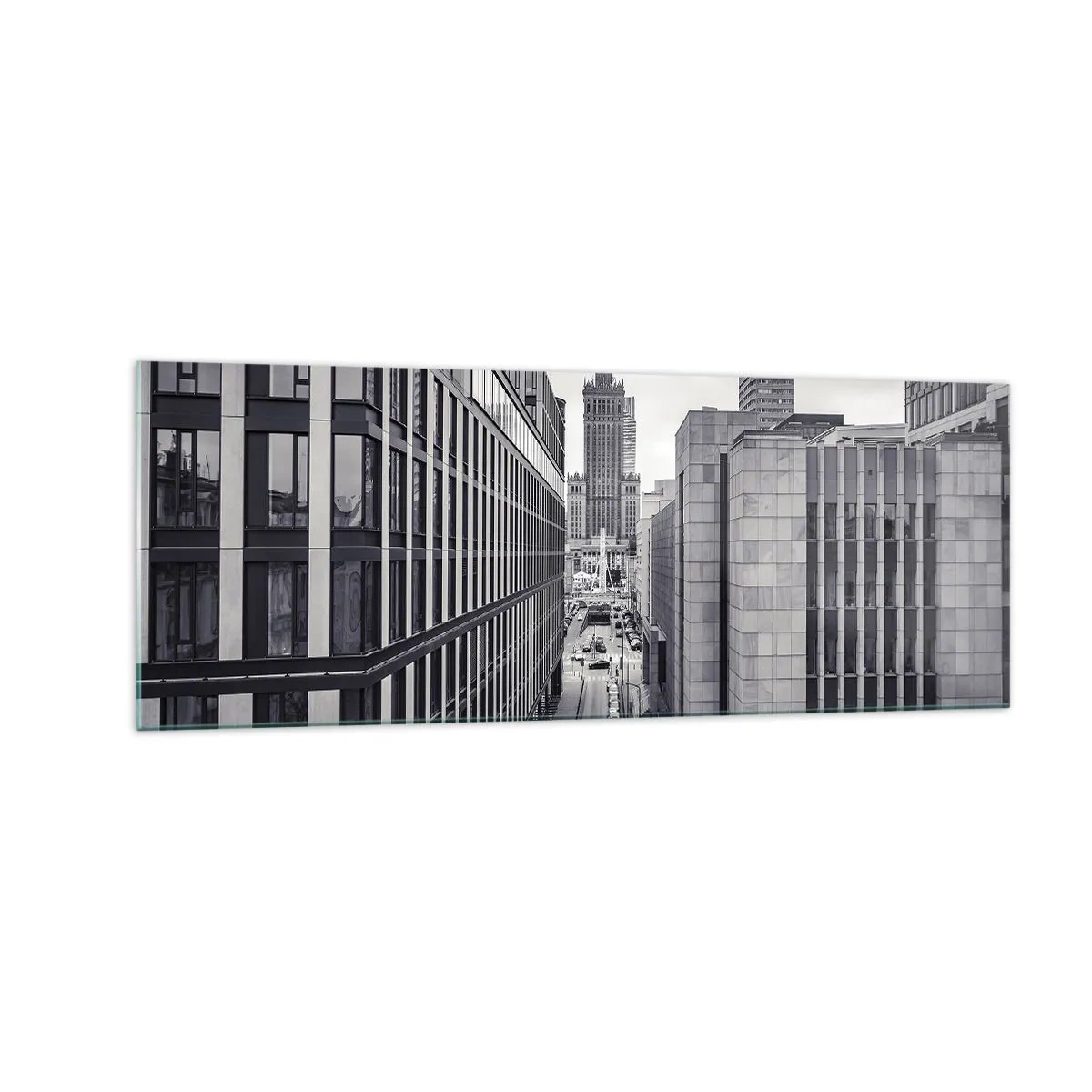 Obraz na szkle - Panorama Warszawy z widokiem na Pałac Kultury i otaczające budynki - 140x50cm - Warszawska dolina - Nowoczesna dekoracja ścienna do salonu i sypialni ARTTOR