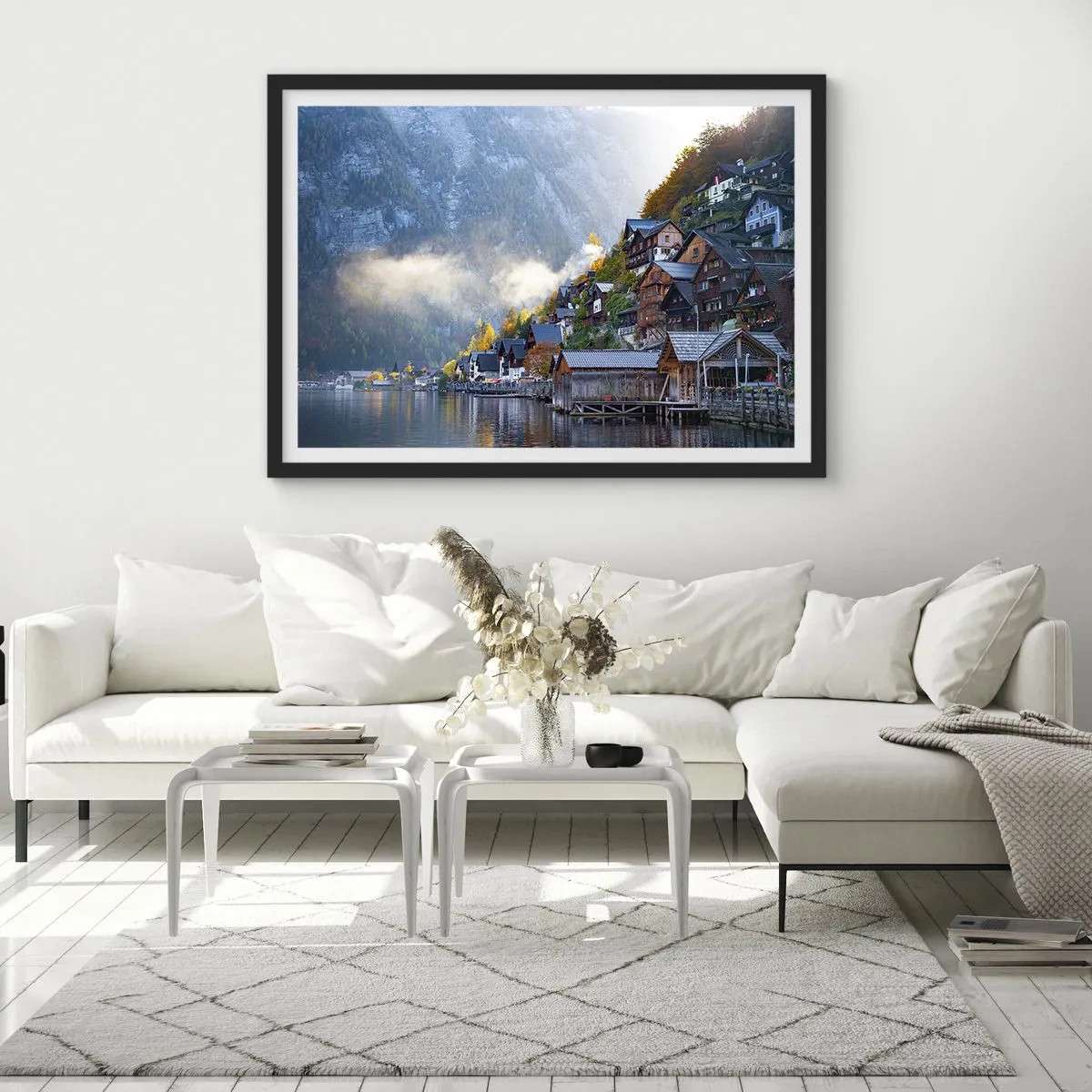 Plakat w czarnej ramie - Górska wioska nad jeziorem w jesiennej scenerii - 70x50cm - Alpejskie klimaty - Nowoczesna dekoracja ścienna do salonu i sypialni ARTTOR