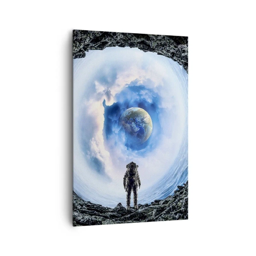 Obraz na płótnie - Astronauta na tle kosmicznego pejzażu z Ziemią - 80x120cm - Już niedaleko do domu - Nowoczesna dekoracja ścienna do salonu i sypialni ARTTOR