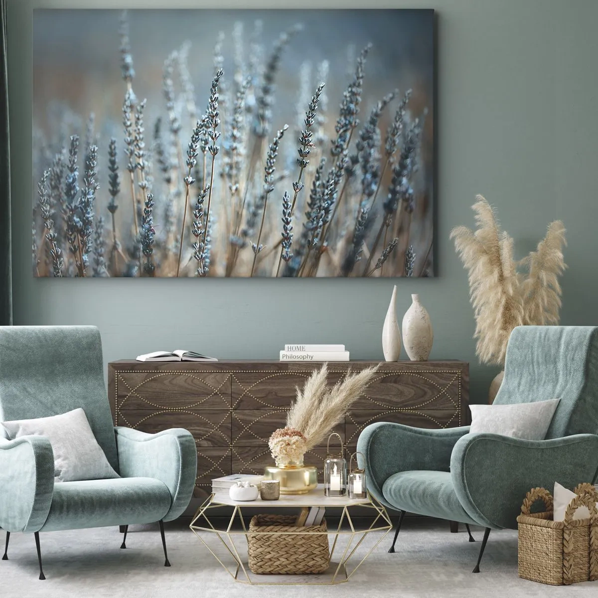 Obraz na płótnie - Lawenda na polu w subtelnej pastelowej tonacji - 100x70cm - Pachnący łan - Nowoczesna dekoracja ścienna do salonu, kuchni i sypialni ARTTOR