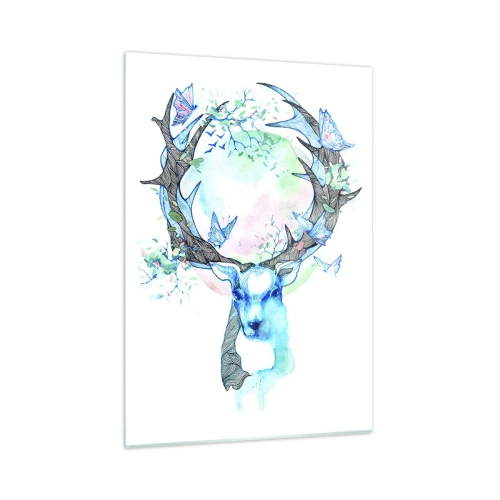 Obraz na szkle - Ilustracja przedstawiająca jelenia z motylami na rogach - 50x70cm - Siła i delikatność natury - Nowoczesna dekoracja ścienna do salonu, kuchni i sypialni ARTTOR