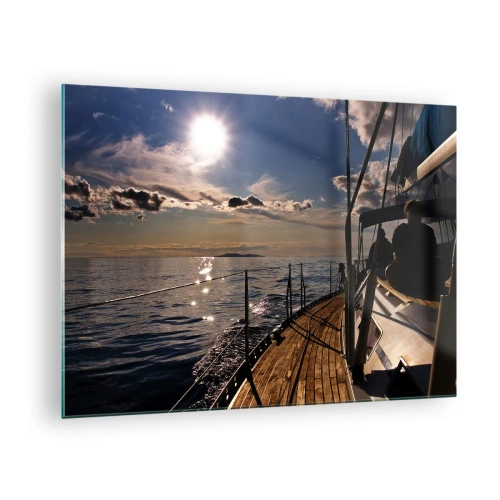 Obraz na szkle - Rejs żaglówką w stronę zachodzącego słońca - 70x50cm - Pod żaglami w stronę słońca - Nowoczesna dekoracja ścienna do salonu i sypialni ARTTOR