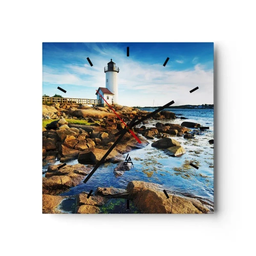 Zegar ścienny - Latarnia morska na skalistym wybrzeżu w słoneczny dzień - 30x30cm - Wracajcie szczęśliwie, czekam - Nowoczesna dekoracja ścienna do salonu i sypialni ARTTOR