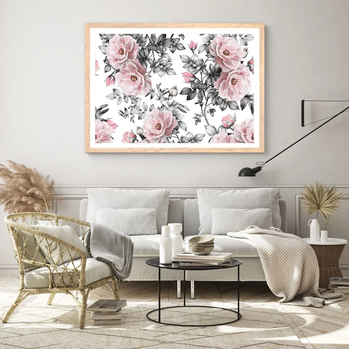 Plakat w ramie jasny dąb - Zagubić się w kwiatach róż - 91x61 cm