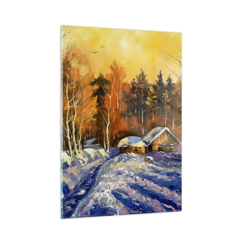 Obraz na szkle - Zimowy pejzaż z drewnianą chatą o zachodzie słońca - 50x70cm - Zimowa impresja w słońcu - Nowoczesna dekoracja ścienna do salonu, kuchni i sypialni ARTTOR