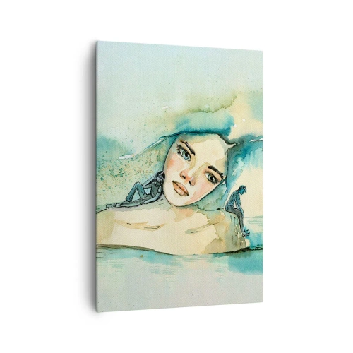 Obraz na płótnie - Akwarela twarzy kobiety z refleksyjnym motywem - 70x100cm - Am I blue? - Nowoczesna dekoracja ścienna do salonu i sypialni ARTTOR