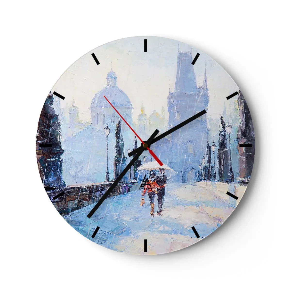 Zegar ścienny - Romantyczna scena na moście w deszczu, malarskie tło miasta - 30x30cm - Nas zaczarować musiał deszcz - Nowoczesna dekoracja ścienna do salonu, kuchni i sypialni ARTTOR