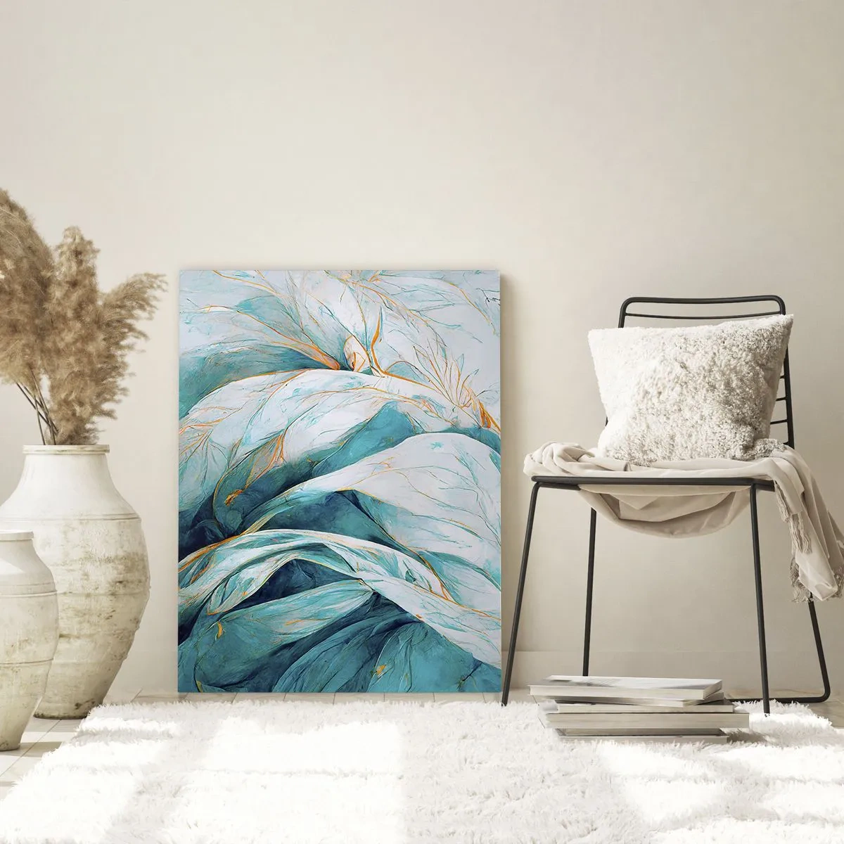 Obraz na szkle - Organiczna abstrakcja w błękitach i złotych liniach - 50x70cm - Błękitna abstrakcja z motywem złota - Nowoczesna dekoracja ścienna do salonu, kuchni i sypialni ARTTOR
