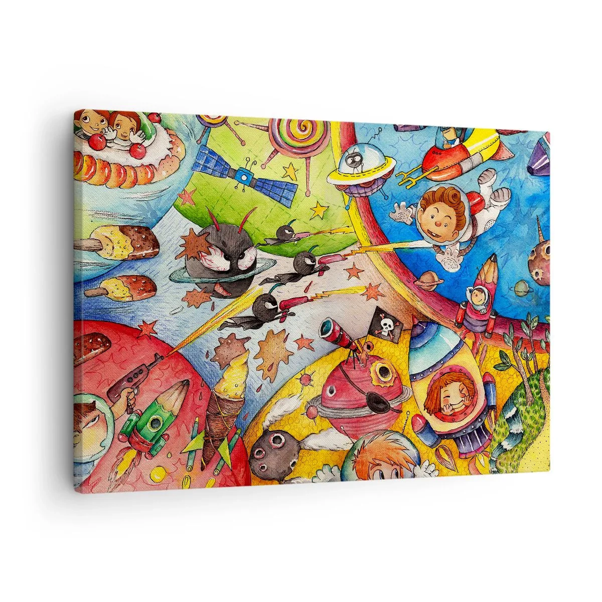 Obraz na płótnie - Kolorowa scena kosmiczna pełna dzieci i statków kosmicznych - 70x50cm - Wielka kosmiczna przygoda - Nowoczesna dekoracja ścienna do salonu i sypialni ARTTOR