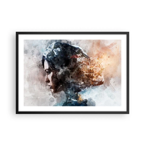 Plakat w czarnej ramie - Portret kobiety łączący twarz z miejskim krajobrazem w tle - 70x50cm - Opowieść o dziewczynie z miastem w tle - Nowoczesna dekoracja ścienna do salonu i sypialni ARTTOR