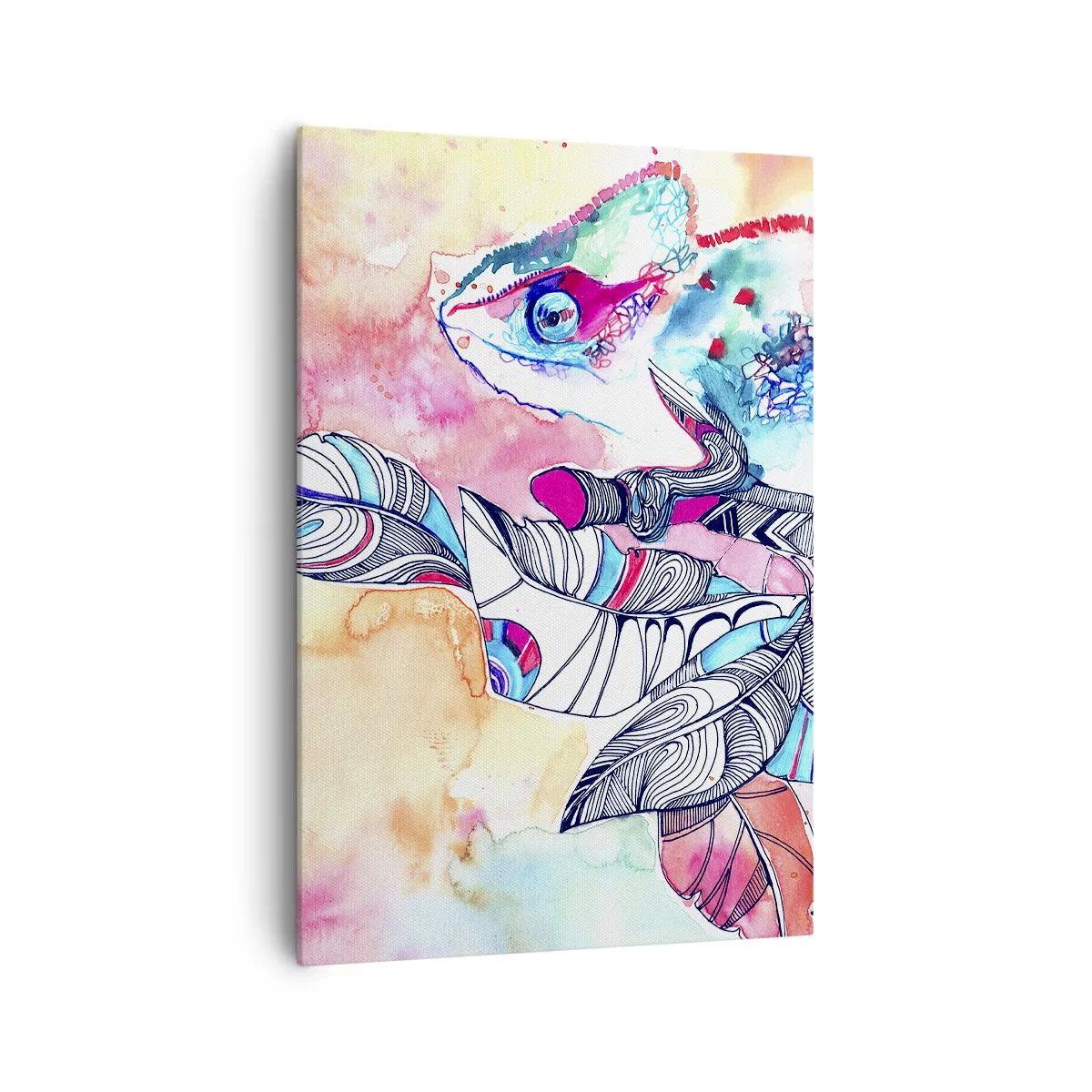 Obraz na płótnie - Kolorowy kameleon na tle abstrakcyjnych liści - 70x100cm - Kolorowy jak nasz świat - Nowoczesna dekoracja ścienna do salonu i sypialni ARTTOR