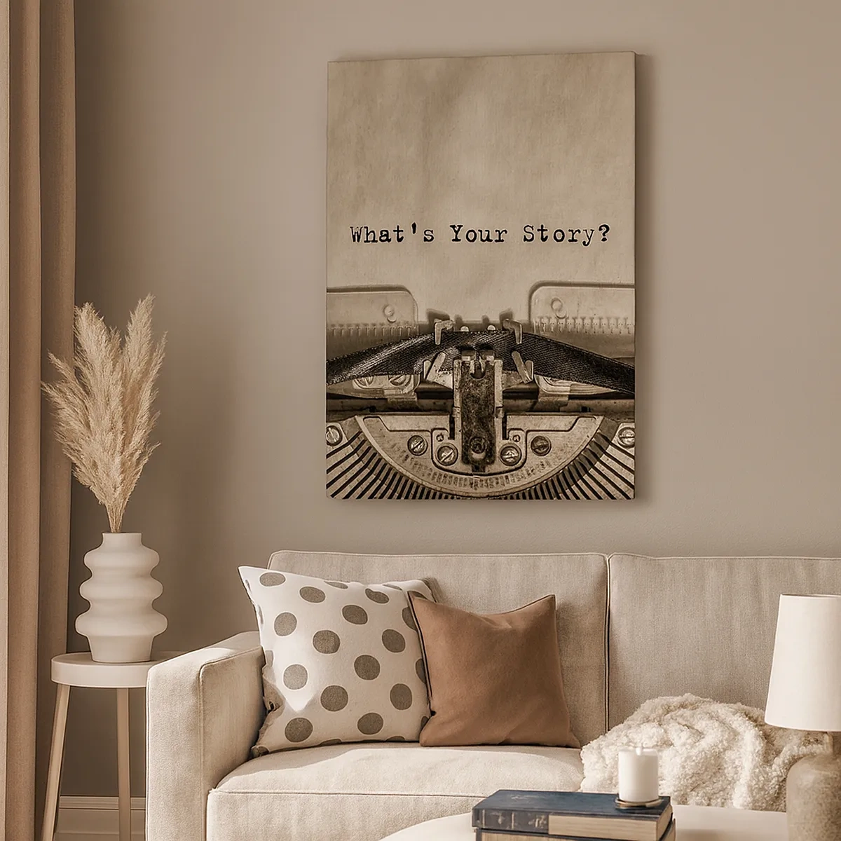 Obraz na płótnie - Maszyna do pisania z napisem 'What's Your Story?' - 50x70cm - Opowiedz mi - Nowoczesna dekoracja ścienna do salonu, kuchni i sypialni ARTTOR