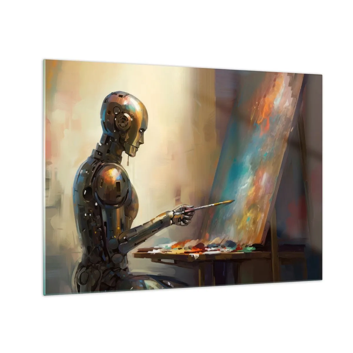Obraz na szkle - Robot malujący obraz przy sztaludze - 70x50cm - Sztuka przyszłości - Nowoczesna dekoracja ścienna do salonu i sypialni ARTTOR