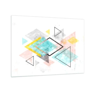 Obraz na szkle - Kolorowe figury geometryczne na białym tle w stylu abstrakcyjnym - 70x50cm - Igraszka geometryczna - Nowoczesna dekoracja ścienna do salonu i sypialni ARTTOR