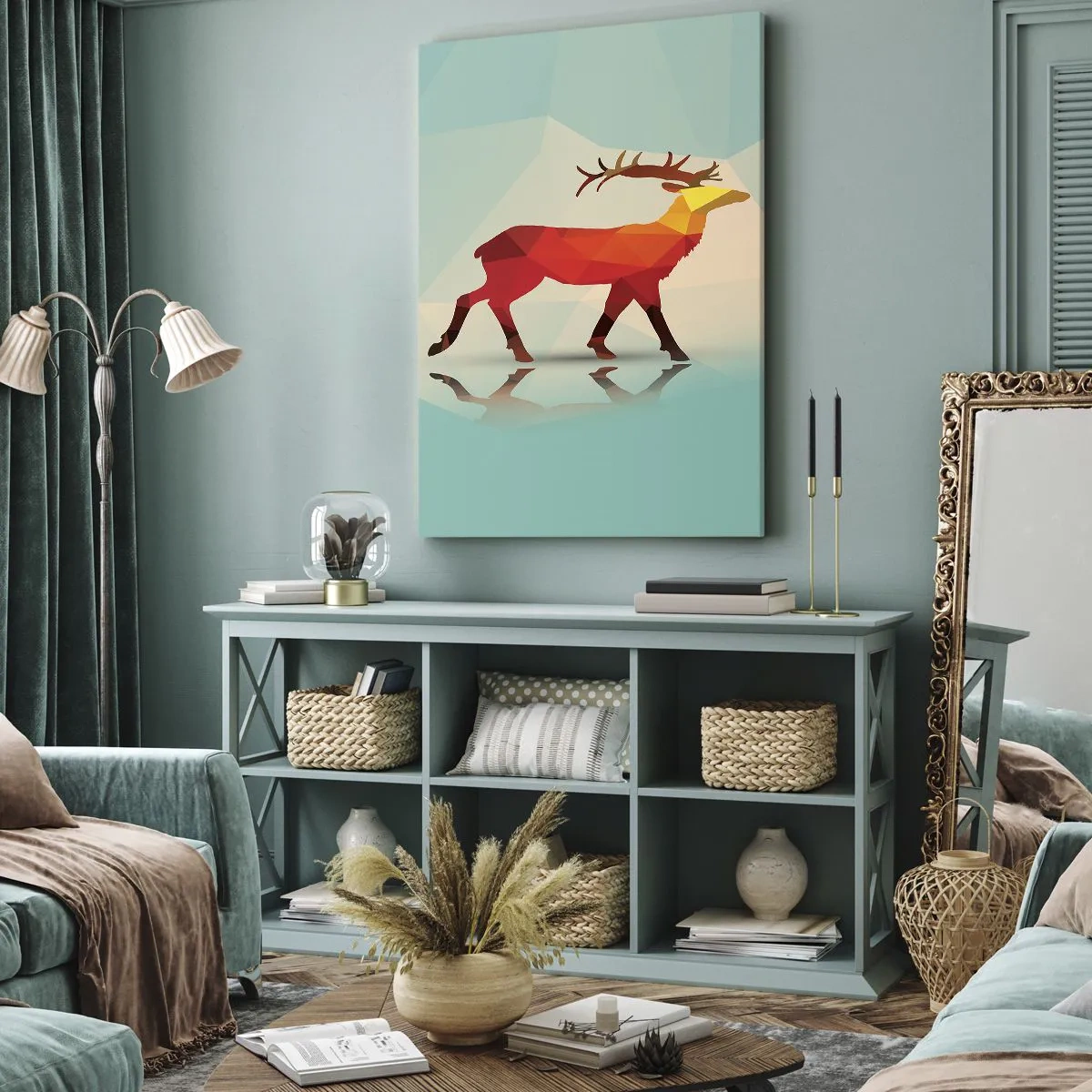 Obraz na płótnie - Geometryczny jeleń w abstrakcyjnej kolorystyce - 50x70cm - Geometryczny jeleń - Nowoczesna dekoracja ścienna do salonu, kuchni i sypialni ARTTOR
