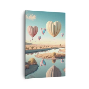 Obraz na płótnie - Balony w kształcie serc unoszące się nad krajobrazem - 80x120cm - Miłość pozwala wznieść się - Nowoczesna dekoracja ścienna do salonu i sypialni ARTTOR