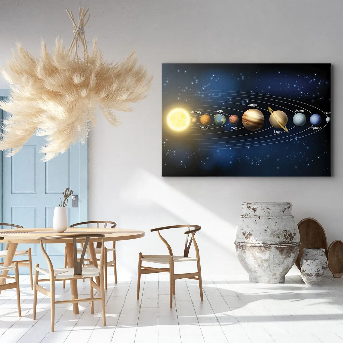 Obraz na płótnie - Schemat układu słonecznego z planetami i słońcem - 120x80cm - Jedna z dziesięciu - Nowoczesna dekoracja ścienna do salonu, kuchni i sypialni ARTTOR