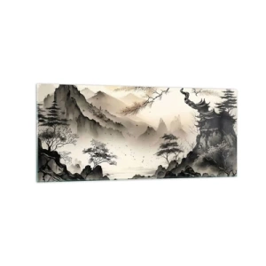 Obraz na szkle - Orientalny krajobraz z górami i pagodą w delikatnych odcieniach - 120x50cm - Niepowtarzalny urok orientu - Nowoczesna dekoracja ścienna do salonu i sypialni ARTTOR