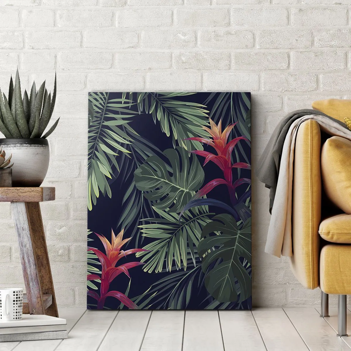 Obraz na płótnie - Tropikalne liście i czerwone kwiaty na ciemnym tle w stylu botanicznym - 50x70cm - Zapłonąć w zieleni - Nowoczesna dekoracja ścienna do salonu, kuchni i sypialni ARTTOR