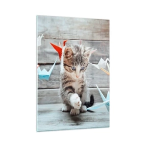Obraz na szkle - Kot bawiący się kolorowymi origami w kształcie żurawi - 50x70cm - Pierwsza lekcja - Nowoczesna dekoracja ścienna do salonu, kuchni i sypialni ARTTOR
