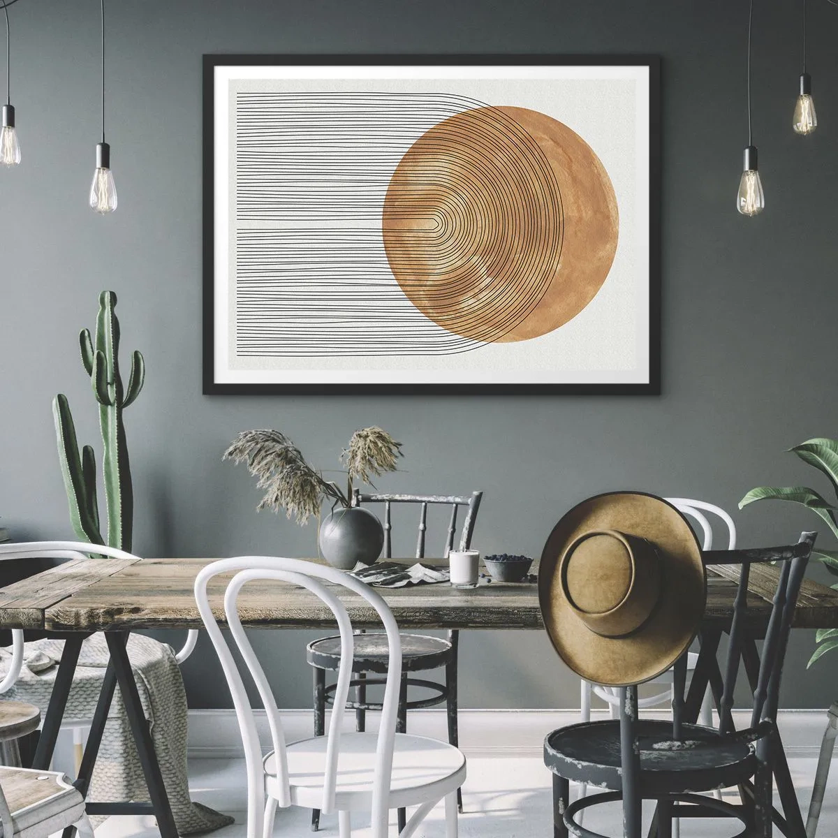 Plakat w czarnej ramie - Geometryczna kompozycja z okręgiem i liniami w ciepłych barwach - 100x70cm - Kompozycja słoneczna - Nowoczesna dekoracja ścienna do salonu i sypialni ARTTOR