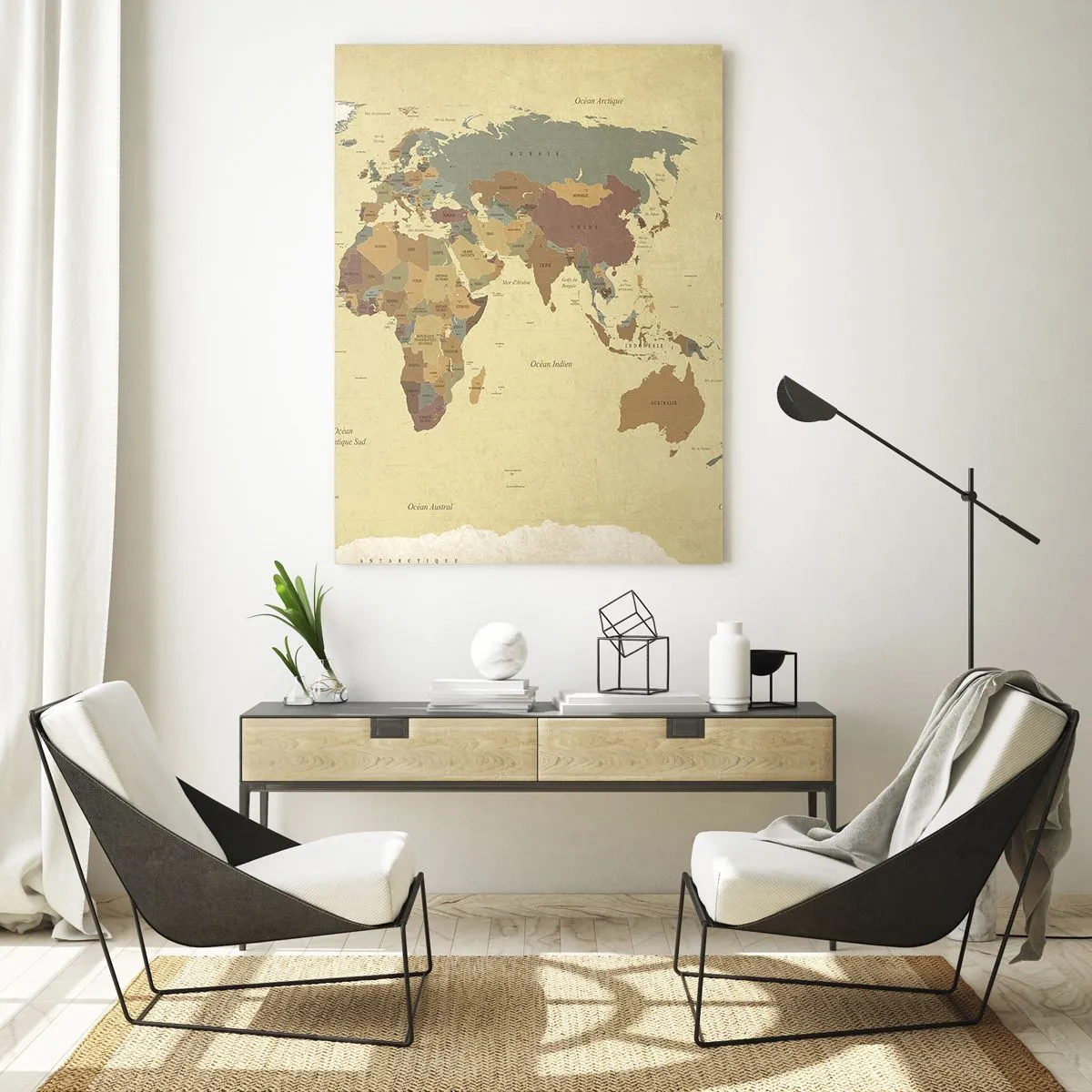 Obraz na szkle - Mapa świata w odcieniach beżu i brązu na tle w stylu vintage - 50x70cm - Dla ciebie - cały świat - Nowoczesna dekoracja ścienna do salonu, kuchni i sypialni ARTTOR