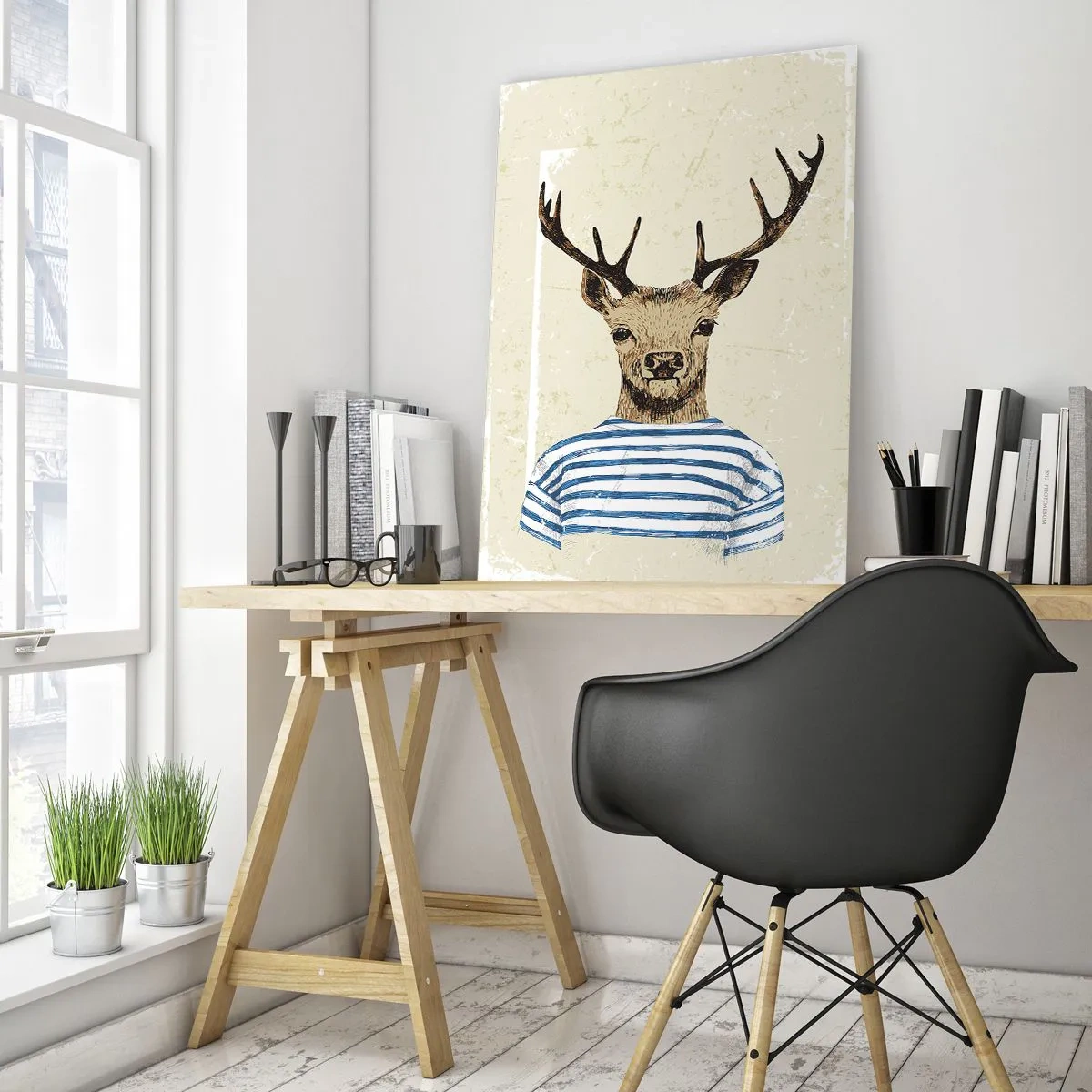 Obraz na szkle - Grafika jelenia w marynarskiej koszulce na jasnym tle - 50x70cm - Bo lubię koszulki w paski! - Nowoczesna dekoracja ścienna do salonu, kuchni i sypialni ARTTOR