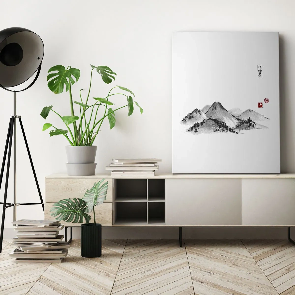 Obraz na płótnie - Tradycyjny krajobraz górski w stylu japońskiego malarstwa tuszem - 80x120cm - Za dalą dal - Nowoczesna dekoracja ścienna do salonu i sypialni ARTTOR