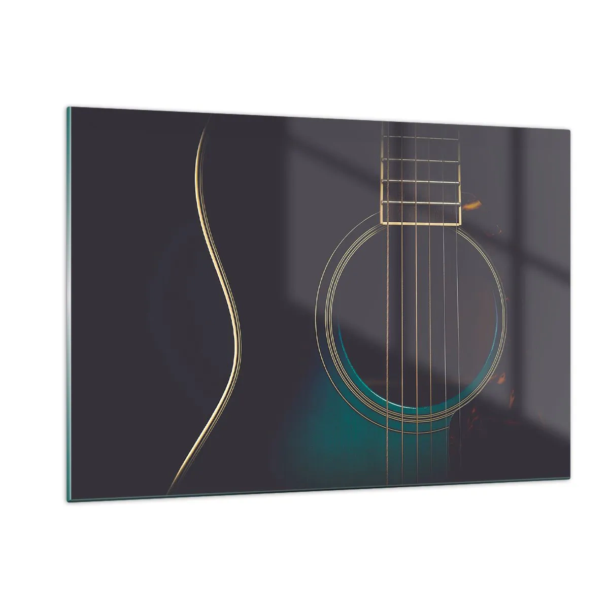 Obraz na szkle - Czarna gitara akustyczna w zbliżeniu z detalami strun - 120x80cm - Chwila zanim zabrzmi - Nowoczesna dekoracja ścienna do salonu, kuchni i sypialni ARTTOR
