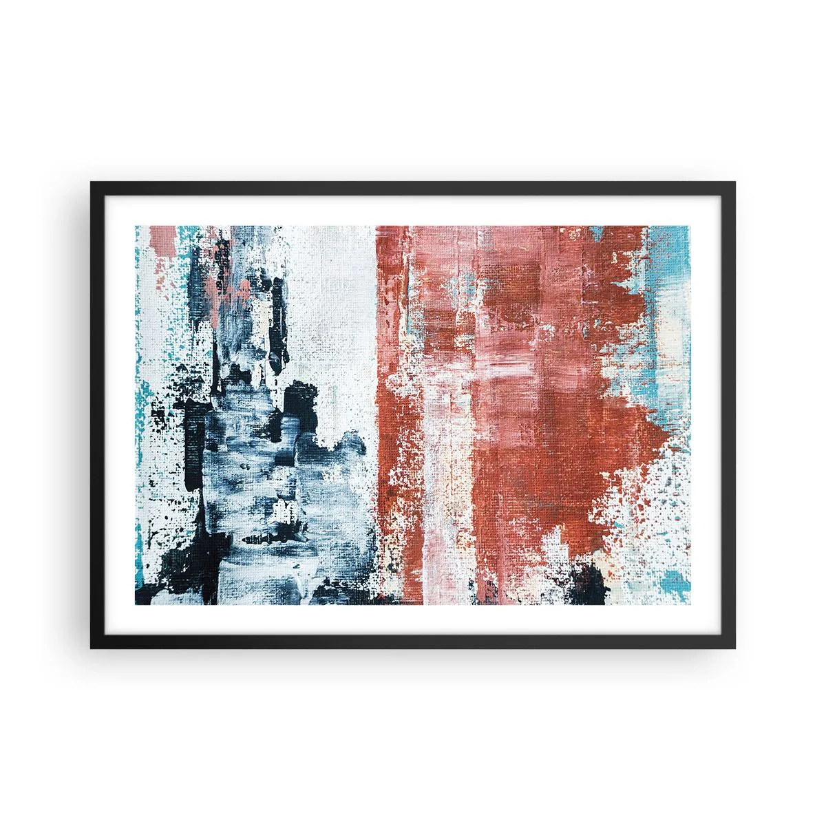 Plakat w czarnej ramie - Abstrakcja w biało-niebieskich i ceglanych barwach - 70x50cm - Abstrakcyjne pół na pół - Nowoczesna dekoracja ścienna do salonu i sypialni ARTTOR