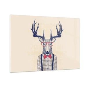 Obraz na szkle - Ilustracja przedstawiająca jelenia w okularach i muszce - 100x70cm - Zabawna ekstrawagancja - Nowoczesna dekoracja ścienna do salonu, kuchni i sypialni ARTTOR
