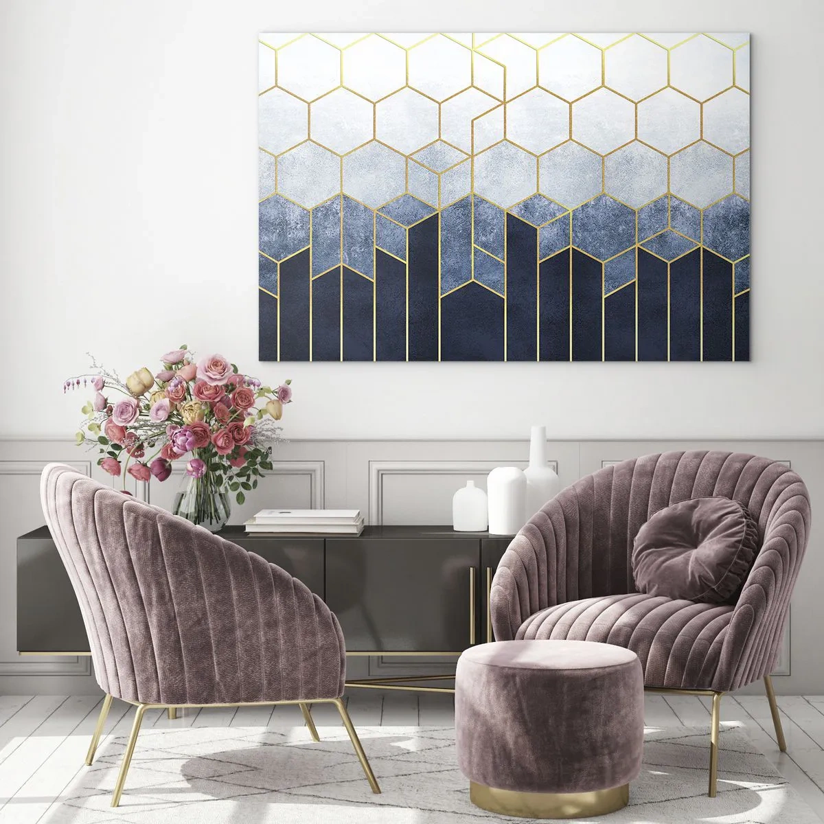 Obraz na szkle - Geometryczny wzór w złoto-granatowej kolorystyce - 70x50cm - Kompozycja w synkopowym rytmie - Nowoczesna dekoracja ścienna do salonu i sypialni ARTTOR