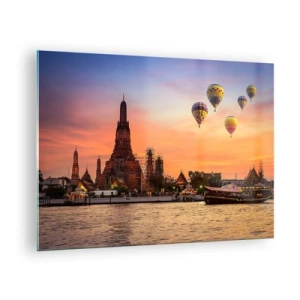 Obraz na szkle - Świątynia nad rzeką o zachodzie słońca z balonami - 70x50cm - Tutaj rodzą się baśnie - Nowoczesna dekoracja ścienna do salonu i sypialni ARTTOR