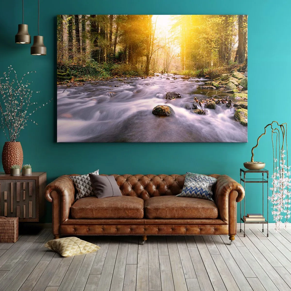Obraz na płótnie - Leśny strumień oświetlony promieniami słońca - 70x50cm - Malachit w srebrno-złotej oprawie - Nowoczesna dekoracja ścienna do salonu i sypialni ARTTOR