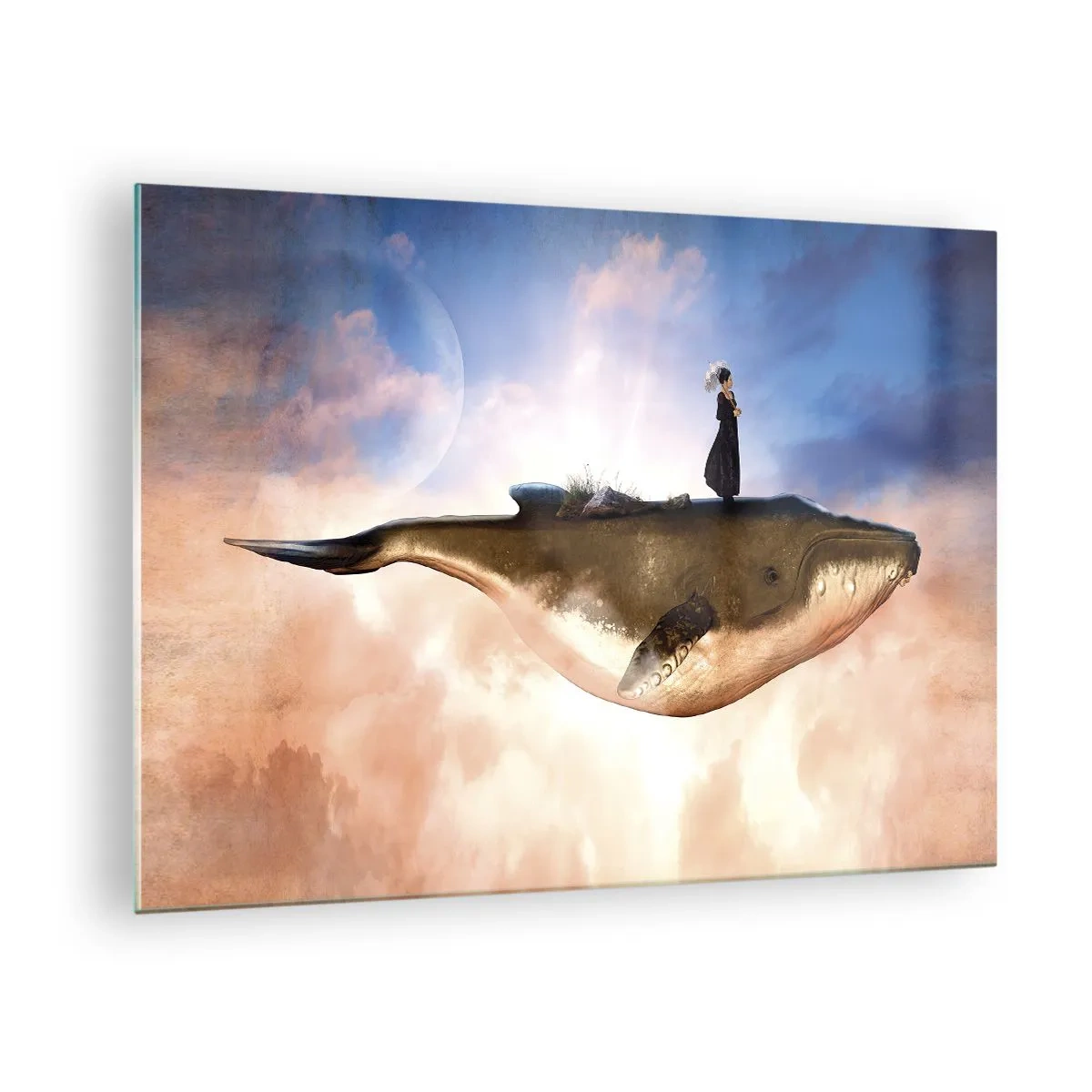 Obraz na szkle - Fantazyjny wieloryb unoszący się w chmurach z kobietą na grzbiecie - 70x50cm - Nadrealna podróż - Nowoczesna dekoracja ścienna do salonu i sypialni ARTTOR