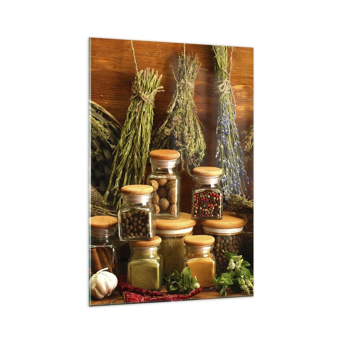 Obraz na szkle - Zioła i przyprawy w słoikach na rustykalnym tle - 70x100cm - Kuchenne czary - Nowoczesna dekoracja ścienna do salonu i sypialni ARTTOR
