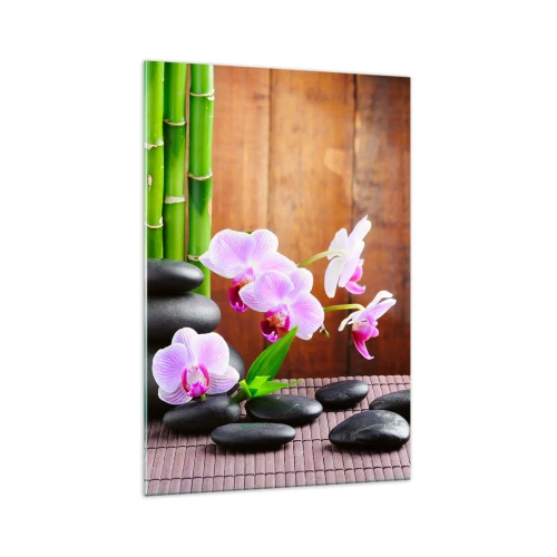 Obraz na szkle - Bambus, kamienie i różowe orchidee w stylu Zen na tle drewna - 70x100cm - Poznaj przyjemności wschodu - Nowoczesna dekoracja ścienna do salonu i sypialni ARTTOR