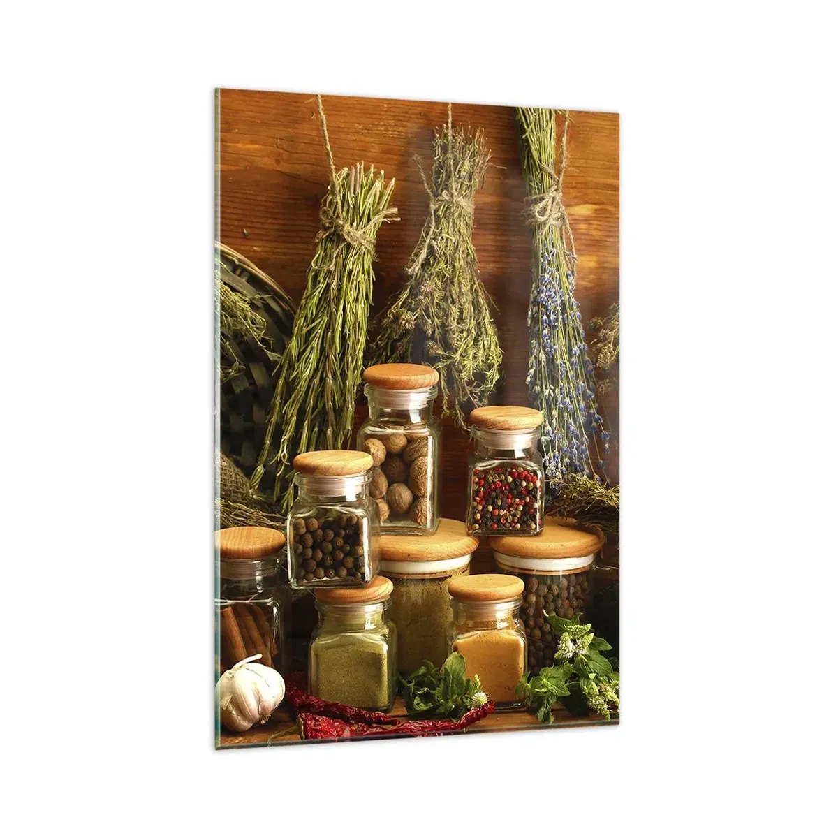 Obraz na szkle - Zioła i przyprawy w słoikach na rustykalnym tle - 80x120cm - Kuchenne czary - Nowoczesna dekoracja ścienna do salonu i sypialni ARTTOR