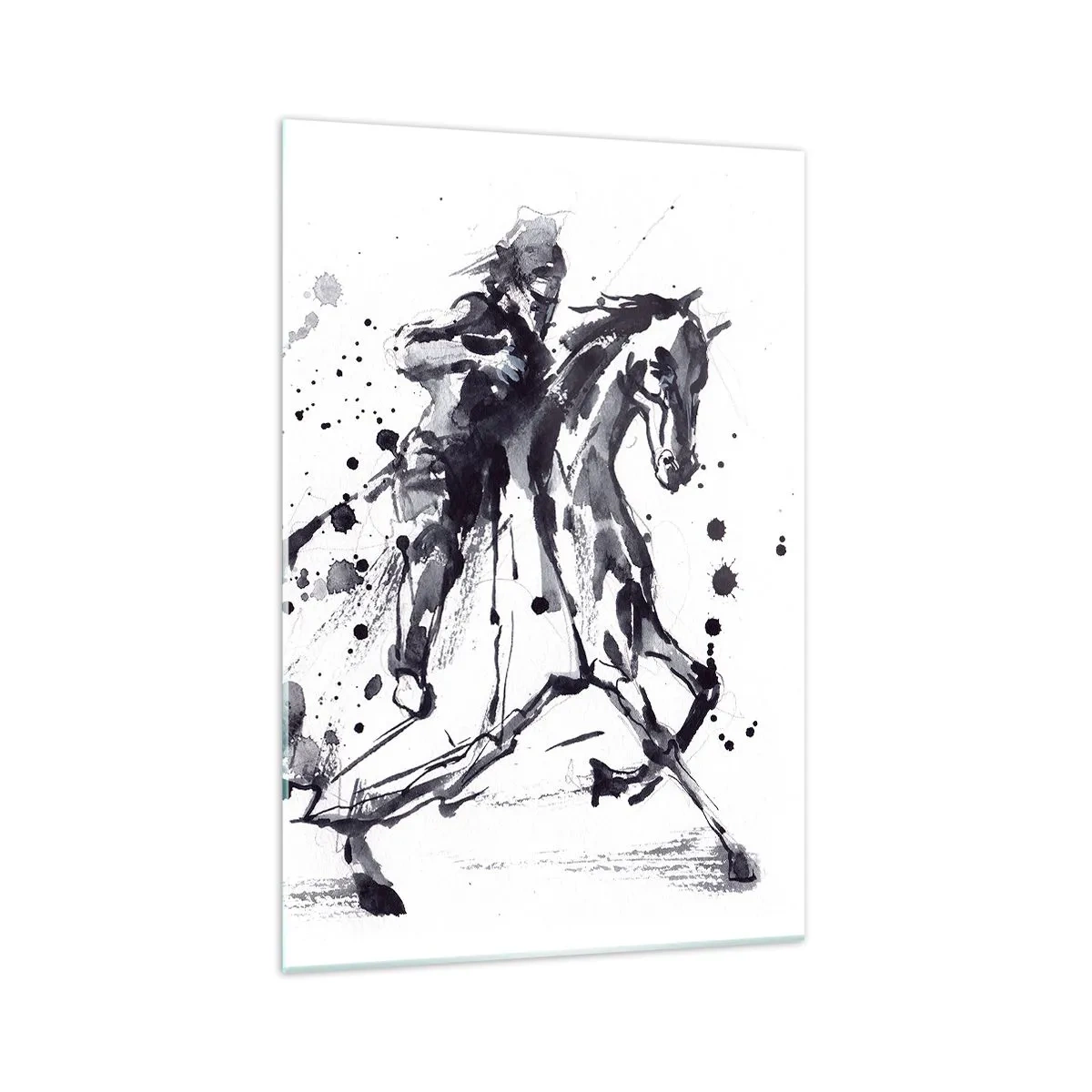 Obraz na szkle - Czarno-biała akwarela jeźdźca na galopującym koniu - 70x100cm - Czarny rycerz - Nowoczesna dekoracja ścienna do salonu i sypialni ARTTOR
