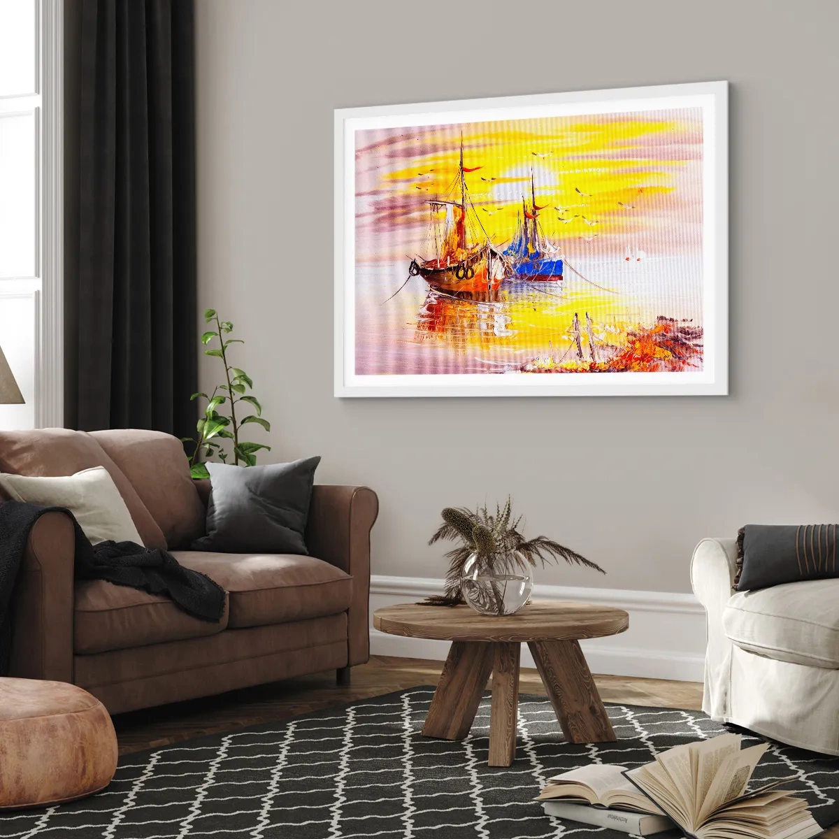 Plakat w białej ramie - Zasłużony odpoczynek w porcie - 70x50 cm