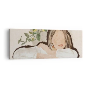 Obraz na płótnie - Postać kobiety na tle cytrynowego drzewa - 140x50cm - Piękność południa - Nowoczesna dekoracja ścienna do salonu i sypialni ARTTOR
